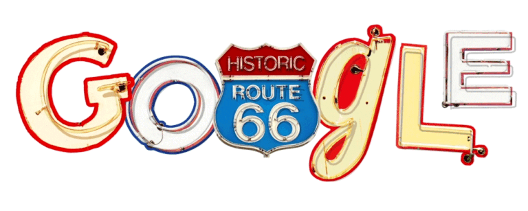 Stylized Google logo with a Historic Route 66 shield in the center (neon sign style).