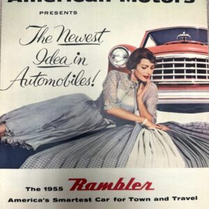 Vintage 1955 Rambler car advertisement with a woman reclining beside a red grille car and the text 'The Newest Idea in Automobiles!'