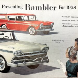 Vintage 1958 Rambler advertisement showing red and beige cars with a couple in formal attire admiring them; text reads 'Presenting Rambler For 1958'.