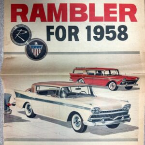 Vintage 1958 Rambler advertisement showing white and red classic cars beneath the bold headline 'ALL-NEW RAMBLER FOR 1958' with two circular logos on the left.