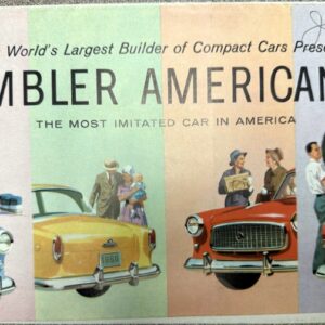 Advertisement poster for Rambler American for 1960 showing four vintage Rambler cars in pastel panels with people around them.