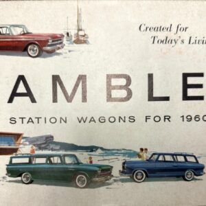 Vintage Rambler brochure cover for 1960 station wagons, showing red, green, and blue cars near a snowy shoreline with a small cottage and the title 'Rambler' and the caption 'Station Wagons for 1960'