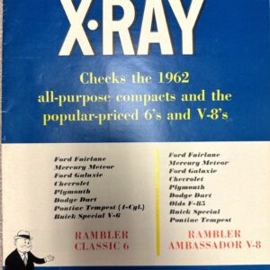 Blue vintage brochure cover reading 'X-RAY' with yellow subtitle about 1962 all-purpose compacts and 6's and V-8's; lists car models like Rambler Classic 6 and Rambler Ambassador V-8 with a small cartoon Dr. X-Ray at the bottom left.