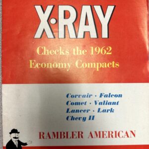 Vintage XRAY car ad poster: 'Checks the 1962 Economy Compacts' with list of models and 'Rambler American' at bottom; cartoon doctor figure on left.