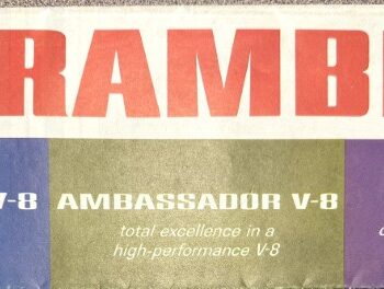 Vintage Rambler ad banner reading '’64 RAMBLER’ with three colored panels: Classic 6 or V-8, Ambassador V-8, American variant descriptions.
