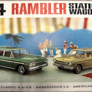 Advertisement for 1964 Rambler station wagons: green and tan wagons on a beach with a palm tree and people in the background.