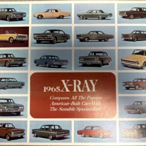 Collage of 1960s American cars arranged around a central red panel with the title '1965 X-RAY', an advertisement comparing popular American-built cars.