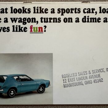 Vintage advertisement with a blue classic car image and a bold slogan across the top: 'What looks like a sports car, loads like a wagon, turns on a dime and drives like fun?', plus a stamp-style address on the right.
