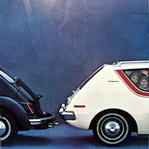 Two cars bumper-to-bumper in a humorous ad; a dark blue car on the left noses against a white Gremlin on the right, passengers visible through the window waving.