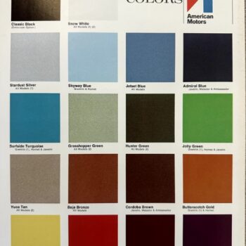 Color swatch sheet for 1972 American Motors exterior paints, showing 16 color blocks with names like Classic Black, Snow White, Stardust Silver, Jetset Blue, and Admiral Blue.