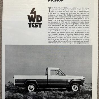 Jeep Gladiator pickup 4WD test page with bold 4WD TEST graphic and a side photo of a vintage pickup on grass under a magazine layout.
