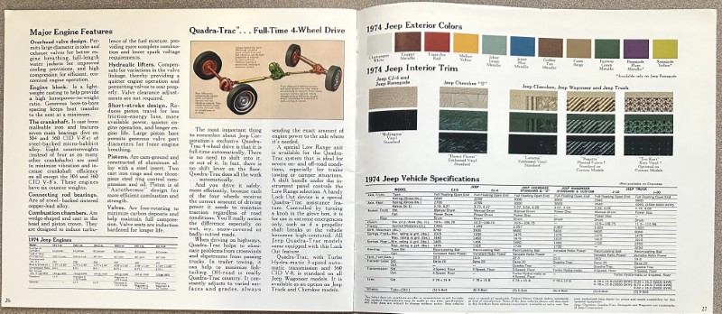 IMG_5472 | Merrick Auto Museum Two-page vintage Jeep brochure spread showing engine features, a Quadra-Trac 4-wheel-drive diagram, and a specs table on the left; colors and trims on the right.