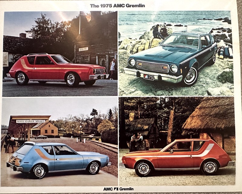 IMG_5487 | Merrick Auto Museum Collage of four 1975 AMC Gremlin cars in red, green, blue, and red/orange colors displayed in various outdoor settings.