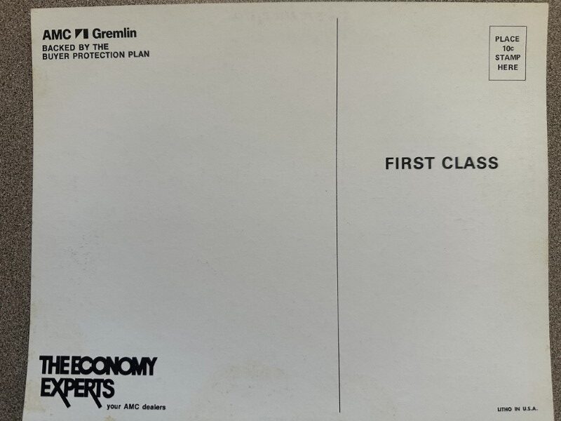 IMG_5488 | Merrick Auto Museum Envelope-style flyer with AMC Gremlin logo and 'Backed by the Buyer Protection Plan' on the left, 'FIRST CLASS' on the right.