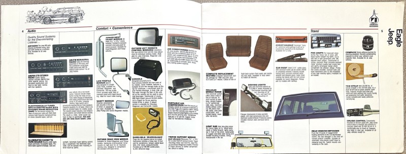 IMG_5579 | Merrick Auto Museum Spread of a vintage car parts catalog showing audio, comfort, and travel accessories with photos and captions.