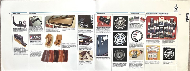 IMG_5580 | Merrick Auto Museum Two-page auto accessories catalog spread with products such as floor mats, seat covers, trim protectors, wheels, tires, and maintenance sprays organized by section names like Travel, Protection, Appearance, and Care & Maintenance.