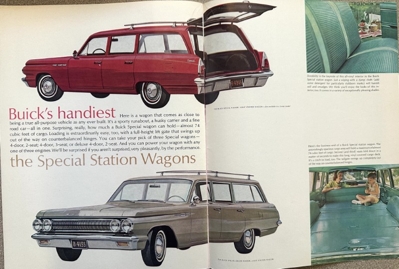 IMG_5586 | Merrick Auto Museum Two-page Buick wagon advertisement showing a red station wagon with tailgate open and a light blue/gray long-roof wagon, plus interior shots on the right.