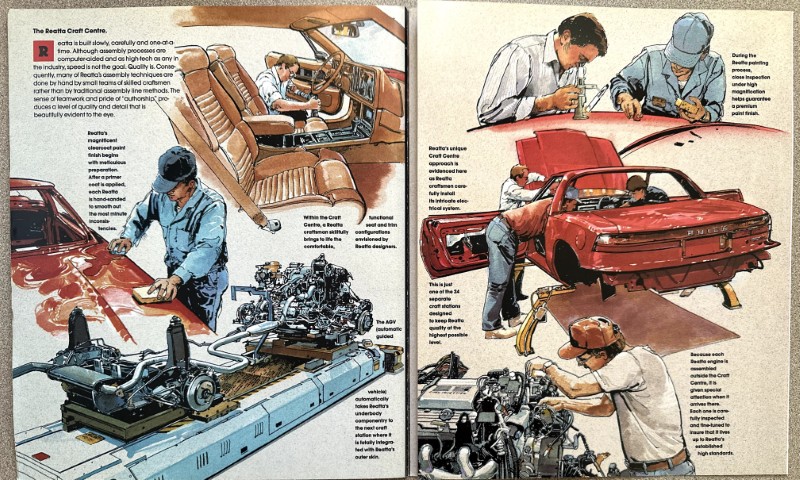 IMG_5655 | Merrick Auto Museum Vintage automotive workshop illustration showing mechanics assembling and inspecting car parts around a red convertible on a lift or workbench for repair and assembly.