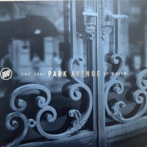 Blue-toned Buick Park Avenue 2001 brochure cover with ornate wrought-iron gate design and the text 'The 2001 Park Avenue by Buick'.