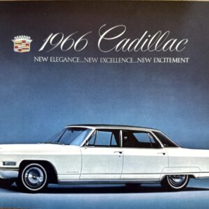 White 1966 Cadillac sedan with a black vinyl roof, displayed on a blue gradient backdrop with Cadillac crest and the slogan above.