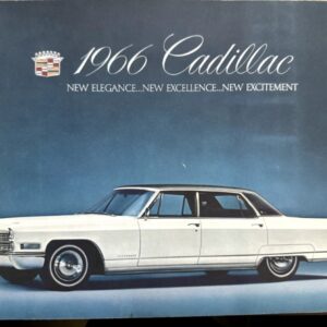 1966 Cadillac brochure cover showing a white long sedan on a blue gradient background with Cadillac crest and the slogan 'New elegance...new excellence...new excitement'.