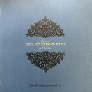 Elegant blue brochure cover featuring a black ornamental crest, with 'Fleetwood Eldorado by Cadillac' in gold in the center and 'World's finest personal car' at the bottom