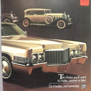 Gold 1970 Cadillac prominently displayed in an ad with two classic cars in a dark studio backdrop; brand slogan visible.