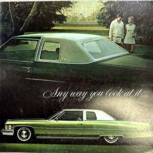 Two vintage cars in a collage: a large black car above and a green 1960s coupe below, with the slogan 'Anyway you look at it...' across the middle.