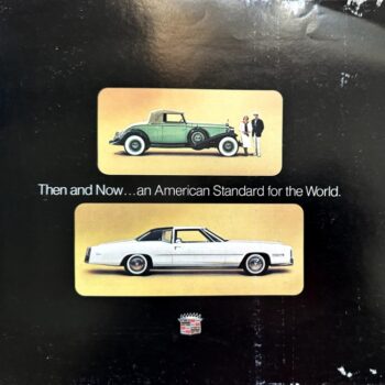 Advertisement showing a green vintage roadster above a white classic coupe, with the caption 'Then and Now... an American Standard for the World.'