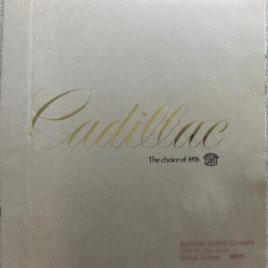 Cadillac brochure cover with gold script 'Cadillac' and the caption 'The choice of 1976' on a pale beige background, with a small crest.