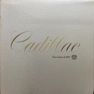 Cadillac script logo in gold on a gray box, with 'The choice of 1976' and a small Cadillac crest nearby.