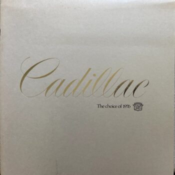 Cadillac script logo in gold on a gray box, with 'The choice of 1976' and a small Cadillac crest nearby.