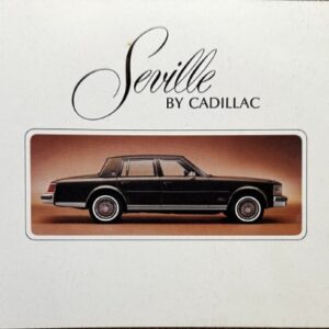 Cover of a Seville by Cadillac brochure showing a black Cadillac Seville in a rounded-rectangle photo frame.
