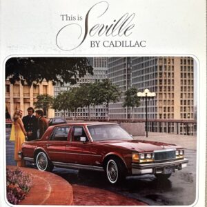 Red Cadillac Seville sedan parked on a city street, part of an advertisement for Cadillac Seville.