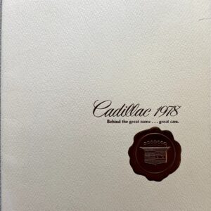 Cadillac 1978 booklet cover with a red seal emblem on a cream textured background and the slogan 'Behind the great name ... great cars.'