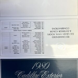 Cover reads '1980 Cadillac Exterior Selections' in elegant script on a navy background; above is a dealership header page and a folded option chart.
