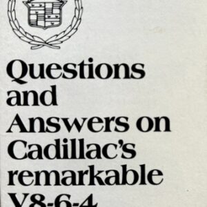 Book cover: 'Questions and Answers on Cadillac's remarkable V8-6-4 Fuel Injection' with a crest emblem and 'Salesman’s Pocketpiece' text.