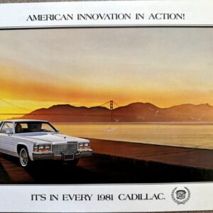 Vintage 1981 Cadillac on a waterfront at sunset with a bridge in the background; ad caption: 'American innovation in action!' and 'It’s in every 1981 Cadillac.'