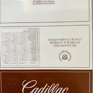 Cadillac brochure pages showing a dealership address, a page titled 'Recommended Exterior & Interior Color Combinations' with a small table and Cadillac emblem, and a brown panel reading 'Cadillac 1981 Exterior Selections' in script.