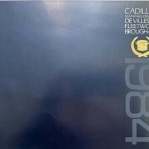 1984 Cadillac brochure cover: dark blue with gold crest and vertical '1984', listing rear-wheel-drive DeVilles and Fleetwood Broughams (Cadillac)