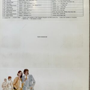 1984 Cadillac exterior colors brochure page showing a color chart at the top and a vintage illustration of a couple beside a car at the bottom.