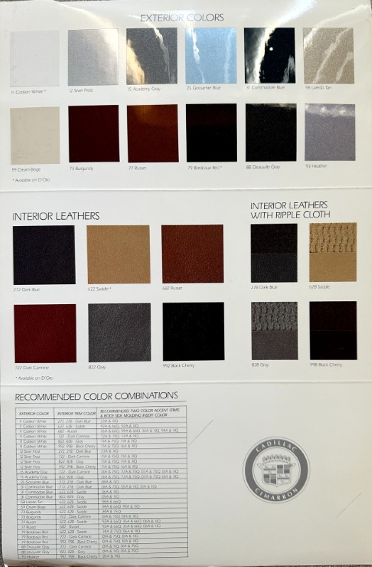 IMG_5809 | Merrick Auto Museum Cadillac Cimarron color swatch sheet showing exterior color samples, interior leather options, ripple cloth fabrics, recommended color combinations, and a Cimarron seal.