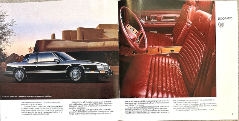 IMG_5819 | Merrick Auto Museum Two-page Cadillac Eldorado spread: exterior shot of a black Eldorado parked near desert architecture on the left, and a red leather interior with steering wheel on the right.