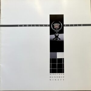 Cover of a Cadillac Style brochure featuring a vertical black column with the Cadillac crest and the text 'NINETEEN NINETY' at the bottom, set on a white background.