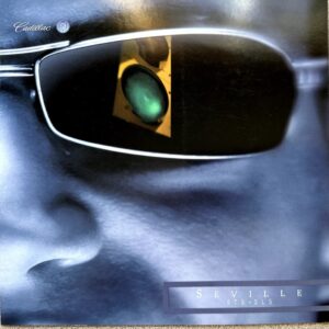 Close-up of a person wearing sunglasses, reflection of a green traffic light in the lens; Cadillac Seville album cover.