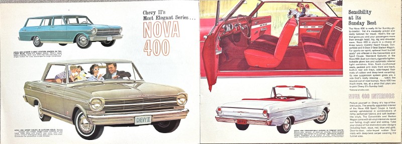 IMG_5870 | Merrick Auto Museum Vintage Chevrolet brochure collage showing a blue station wagon, a beige Nova II convertible, and a white convertible with a red interior.