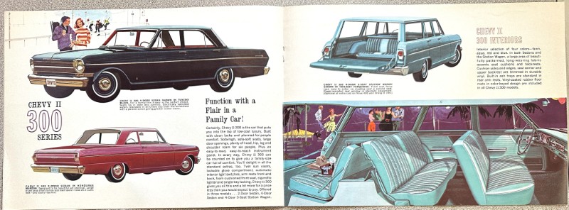 IMG_5871 | Merrick Auto Museum Two-page spread of vintage Chevrolet 300 Series cars: black sedan, red coupe, blue station wagon, and an interior shot with light teal seats.