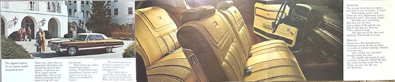 IMG_5906 | Merrick Auto Museum Vintage car brochure spread: left panel shows a classic car in a small town with people nearby; middle panel close-up of tan leather car seats; right panel interior with dashboard and rear seats.