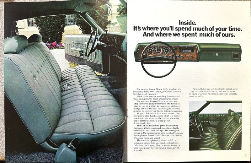 IMG_5911 | Merrick Auto Museum Two-page magazine spread showing a light-gray car bench seat interior on the left and a green dashboard with steering wheel on the right, plus the headline about spending time inside the car in a vintage ad.