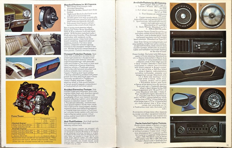 IMG_5920 | Merrick Auto Museum Two-page car features brochure spread with component photos: engine block, wheels, interior seating, dashboard, and trim details, all with labeled callouts.